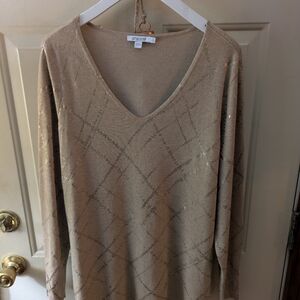 Chico's Foil Plaid Tan V-Neck Sweater